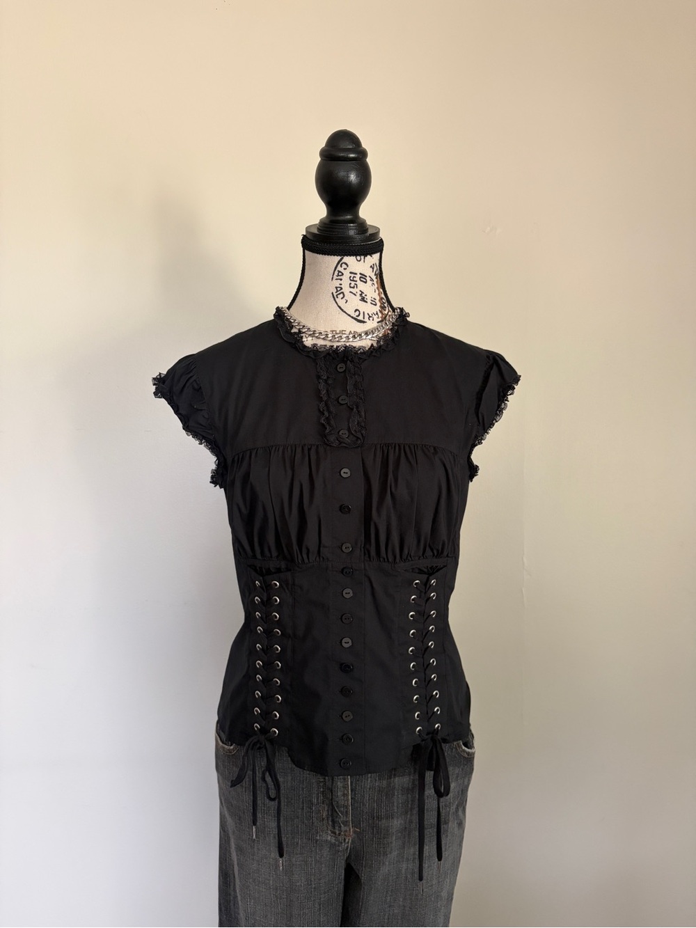 Y2K 90’s Moda International Black Grunge Whimsigoth Corset Style Lace Trim Top